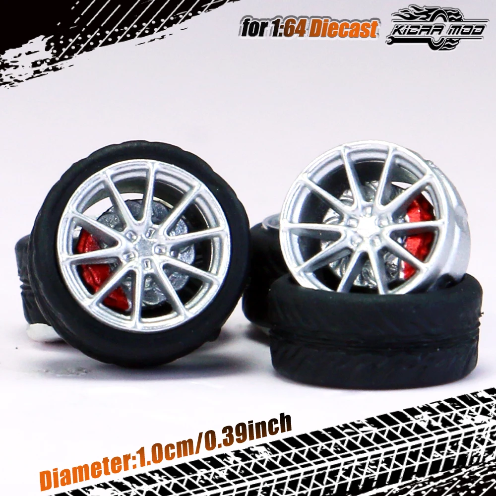 Kicarmod 1/64 Model Car ABS Wheels with Rubber Tire Brake Disc Refitting Parts Diameter 10mm For Model Car Tomica MINI GT