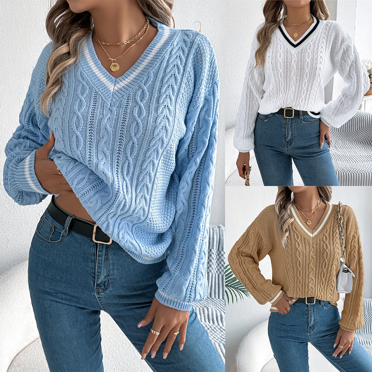 Damen-Pullover mit V-Ausschnitt und Zopfmuster, Farbblock, lange Ärmel, lockerer, lässiger Strickpullover