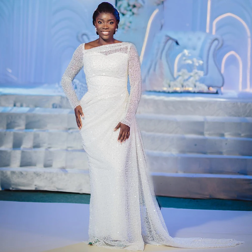 Shinny weiße Meerjungfrau Brautkleider Bateau Langarm Knopf zurück Verschluss afrikanische Braut Abend Party Kleider Vestidos de Novia