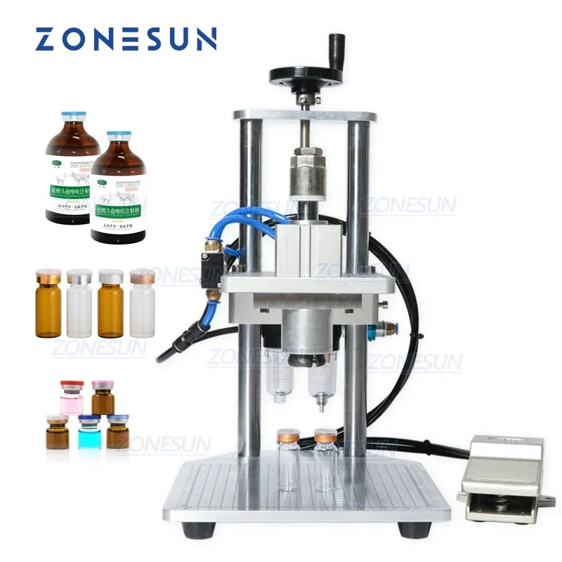 

ZONESUN Pneumatic Vial Crimper Capping Machine for Glass Plastic Bottles with Aluminum Caps for Pharma Cosmetic Packaging