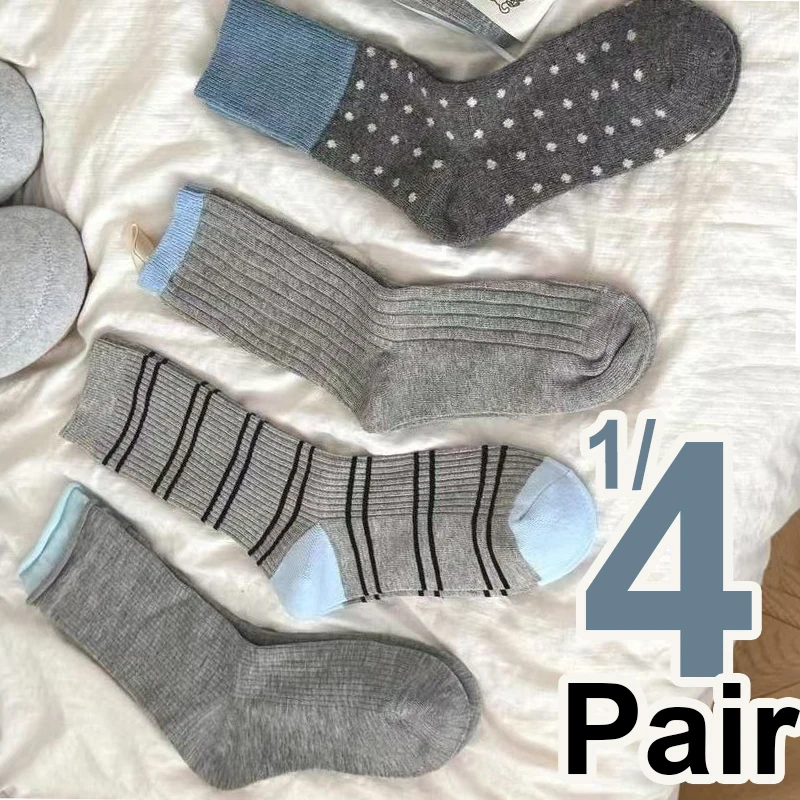 1/4 زوج الخريف الشتاء رمادي أزرق منتصف جوارب أنبوبية النسخة الكورية المألوف توالت حافة المشارب لينة مريحة الجوارب غير رسمية