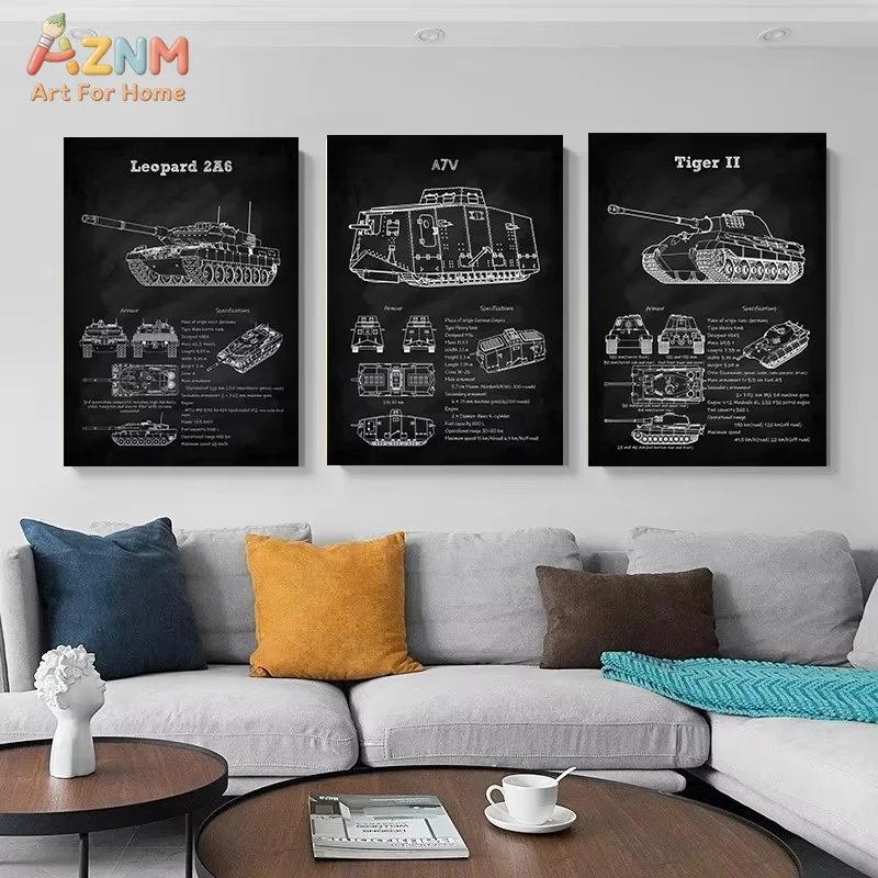 Tanks Blueprint Black Poster German Heavy Tank US Army World War Canvas Painting Wall Art for Living Room Home Decoration