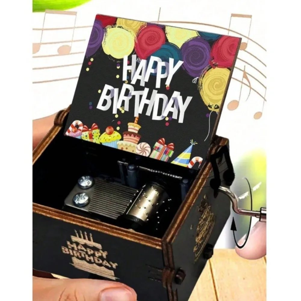 Creative Happy Birthday Wooden Music Box Hand Crank Pink Carved Musical Box Classical Light Luxury Music Gifts Birthday Gifts