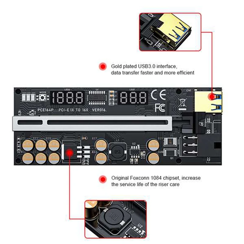 

Riser 016 USB3.0 PCIE Riser PCI Express X16 Extender Adapter 016 GPU Riser Card SATA 15Pin To 6Pin Power Monitoring