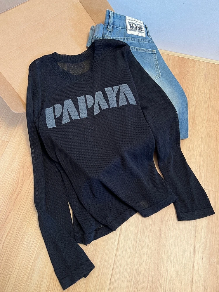 

Свободный вязаный топ с длинным рукавом и буквенным принтом для женщин больших размеров, черный, весенний, в европейском стиле, для повседневной носки