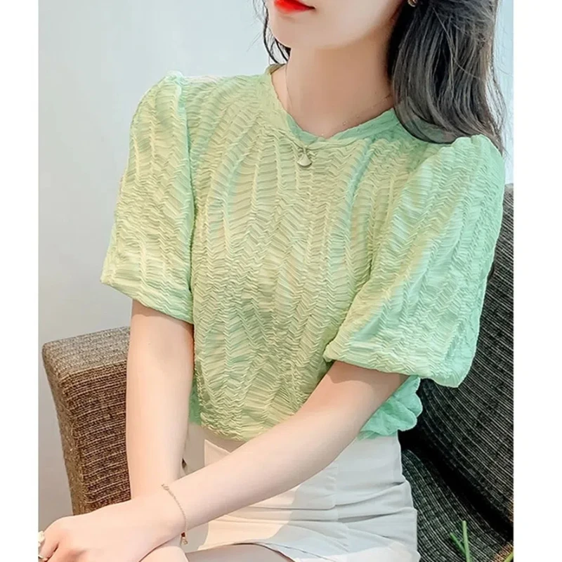 2024 Summer Women\'s Casual Fashion Elegant Commuting Solid Color Round Neck Loose Spliced Folded Stomach Covering Chiffon Shirt