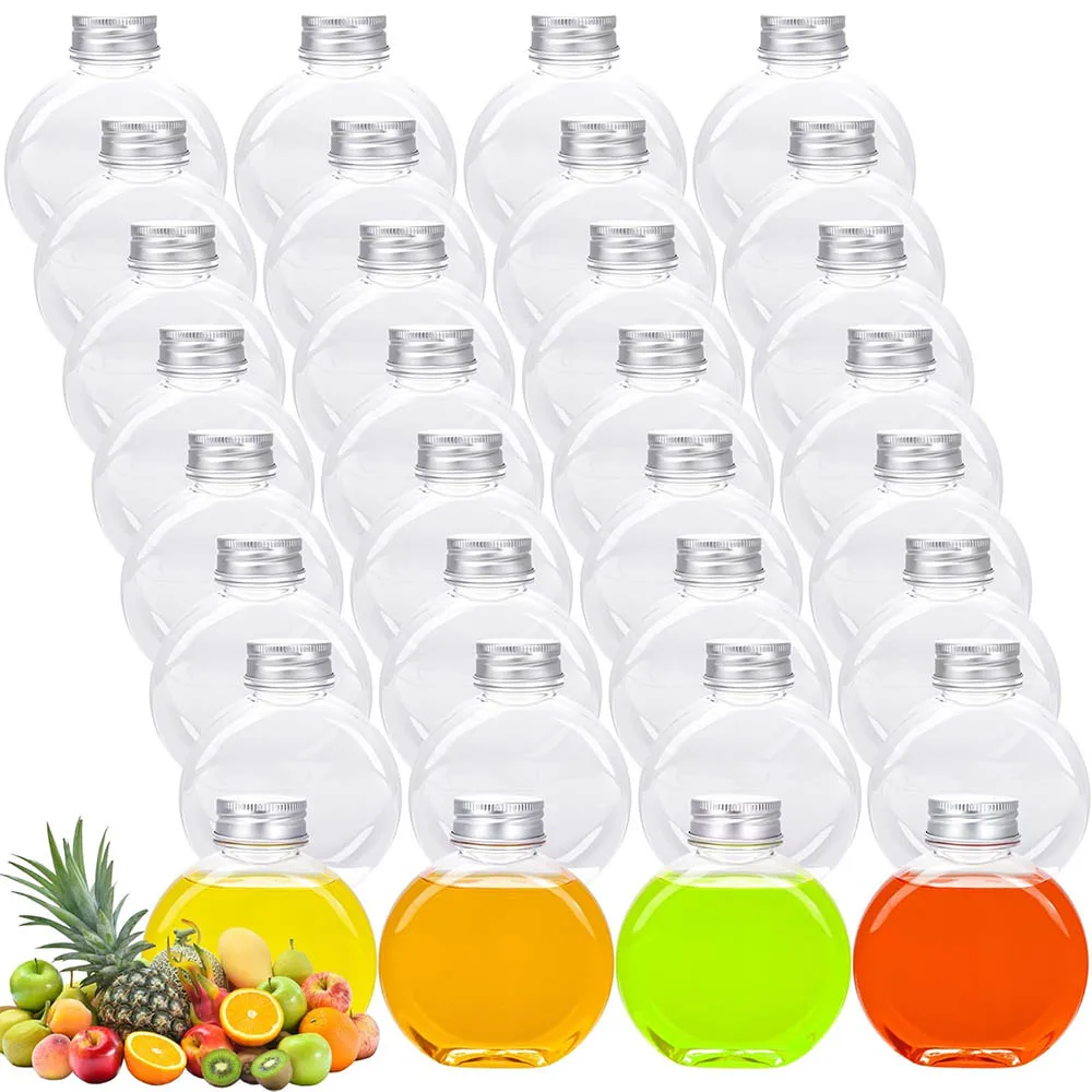 Clear Mini Plastic Juice Flask Bulk,Leak Proof Juice Container Round Flat Beverage Container for Coffee Picnic Birthday Party