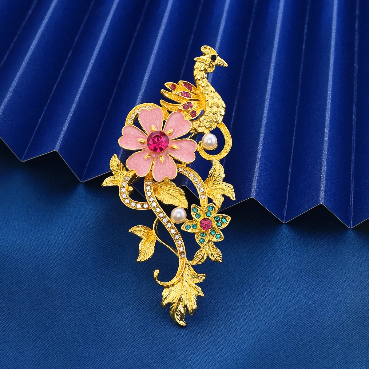 Weiman Vintage Court Color Diamond Phoenix Flower Branch Brooch Luxury Gold Leaf Alloy Design Ladies Good Luck Intention Brooch