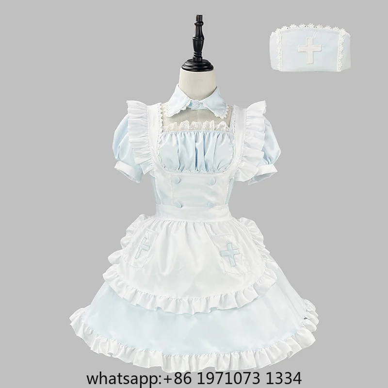 S-5XL Blue/Pink Maid Outfit Nurse Hat Cap Cute Girls Performance Costume Women Apron Dress Cosplay Costume