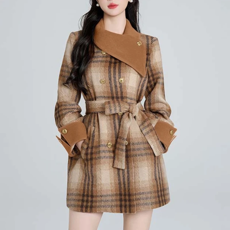 

French Daughter Gold Feeling Powder Grid Scarf Woolen Coat Women's Autumn and Winter New Niche High-end Feeling Thin Long Coat