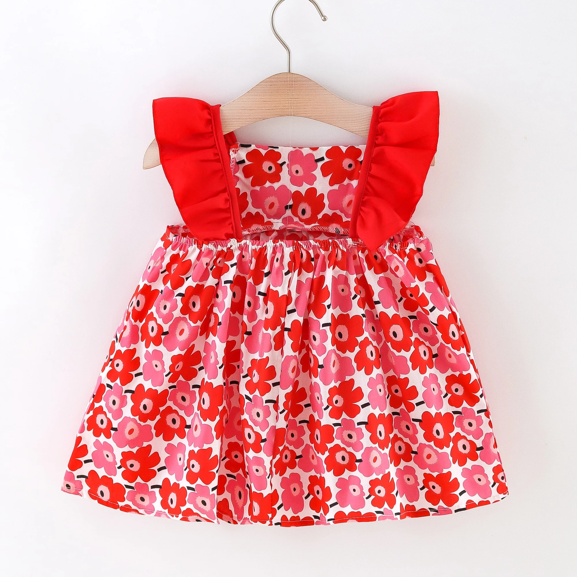 Summer dress bag two-piece set for girls cartoon small flower print Korean version cute flying sleeve dress