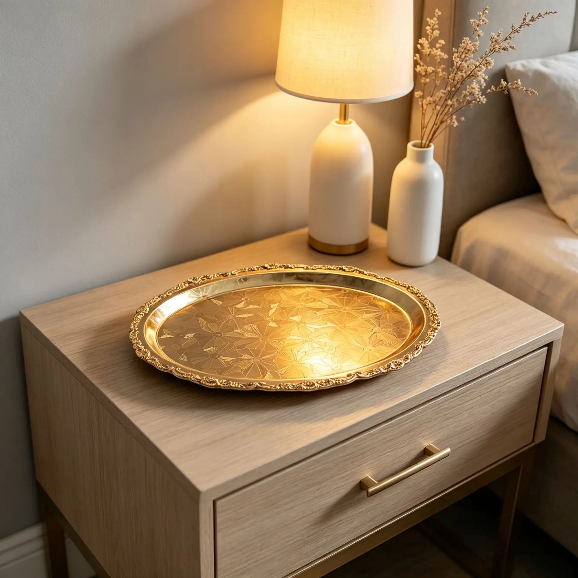 

Light luxury gold European decorative tray, living room, bedroom, entrance ornament, metal storage plate, creative home jewelry