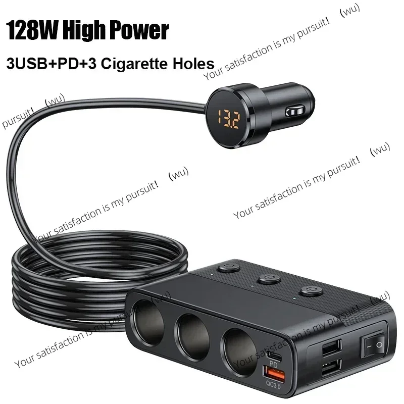 Car Cigarette Lighter Socket Splitter With Switch 128W Car Charger Splitter Multi Ports PD30W QC3.0 Fast Charger Power Adapter