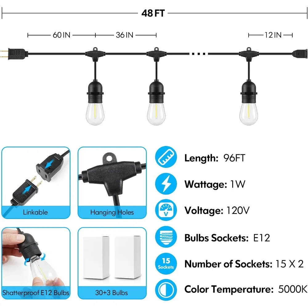 Lakumu 2-Set 96-Foot سلسلة أضواء خارجية، مقاومة للماء والكسر، قابلة للتعتيم، ضوء نهاري 5000K أبيض، طراز خيوط E12 S14 LE #6