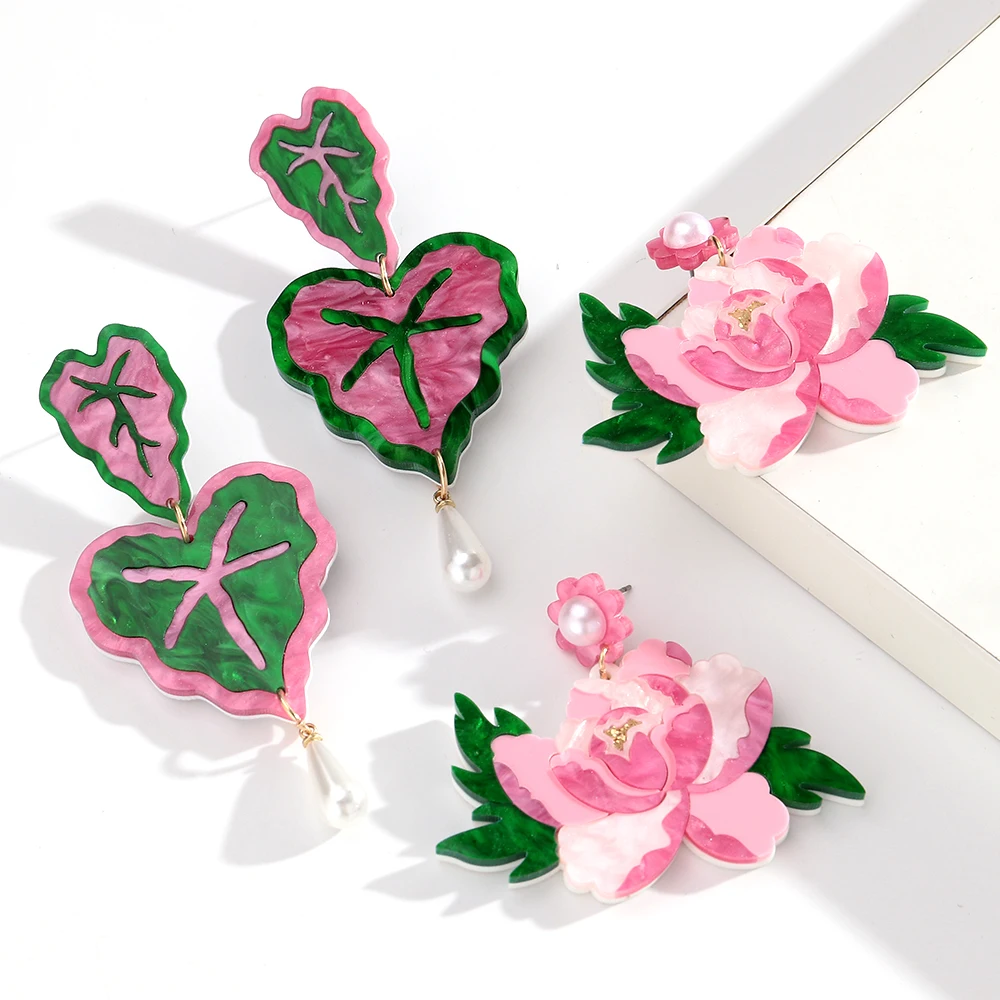 Sweet Acrylic Pink Flower Green Leaf Drop Earrings for Women Resin Large Plant Dangle Earring New Jewelry Gifts
