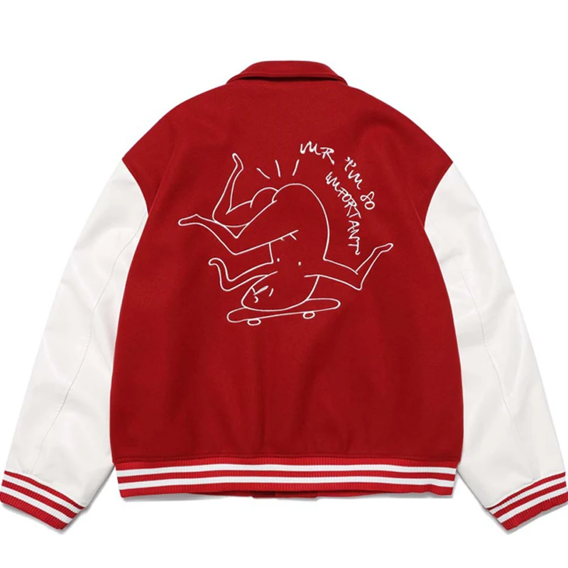 Men Spoof Pattern Embroidery Short Varsity Jackets HipHop Japanese Harajuku Retro Baseball Jacket Woman Loose Red Bomber Outwear