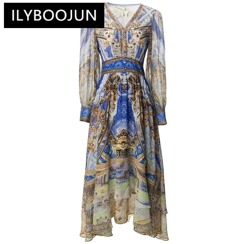 

ILYBOOJUN Fashion Designer Summer Dress Women's V-Neck Lantern Sleeve Crystal Indie Folk Print Dresses