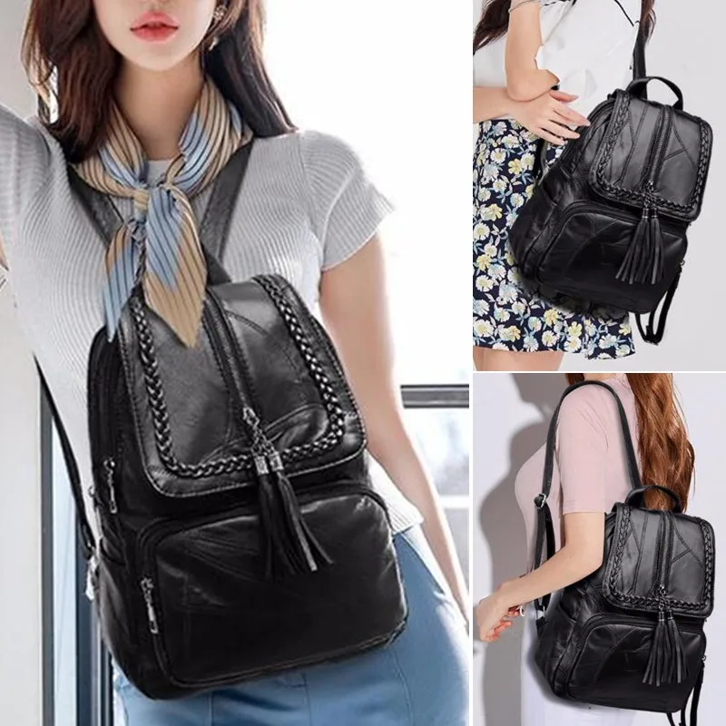 2024 Women\'s PU Leather backpack School bag classic black waterproof travel multi-function Shoulder bag