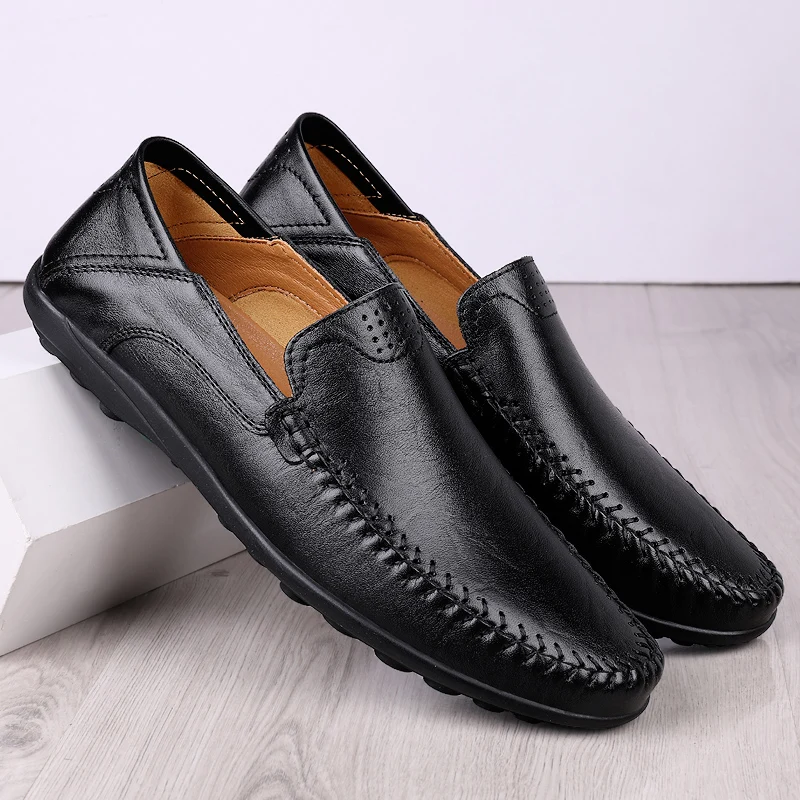 CLOHOO Men\'s Stitching None Slip Genuine Leather Shoes Handmade Loafer Business Wedding Plus Size Formal Casual Shoes for Men