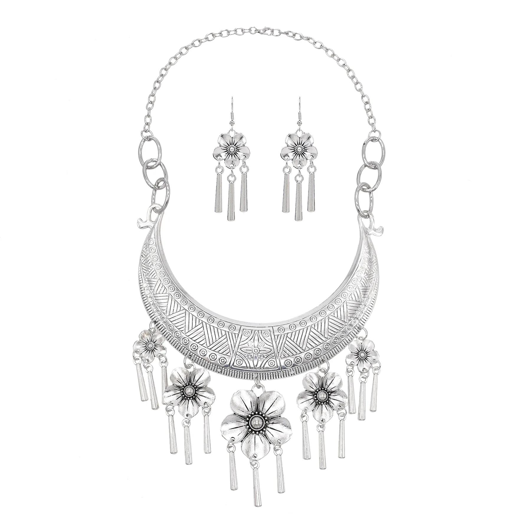Traditional Miao Choker Necklace Earrings for Women Vintage Silvery  Round Flower Pendant Tassel Jewelry Set Wedding Accessories