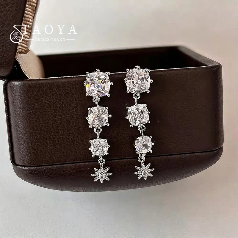 Silver Color Star Tassel Drop Earrings for Women Zircon Dangle Earrings Copper Alloy Sparkling Evening Party Statement Jewelry