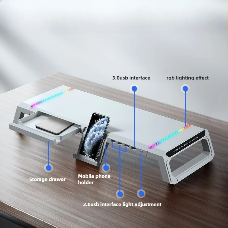 rgbライトとusb30ポート付きコンピューターモニタースタンドライザー、pcスクリーン用の人間工学に基づいたデスクトップシェルフ、ケーブル管理機能付き
