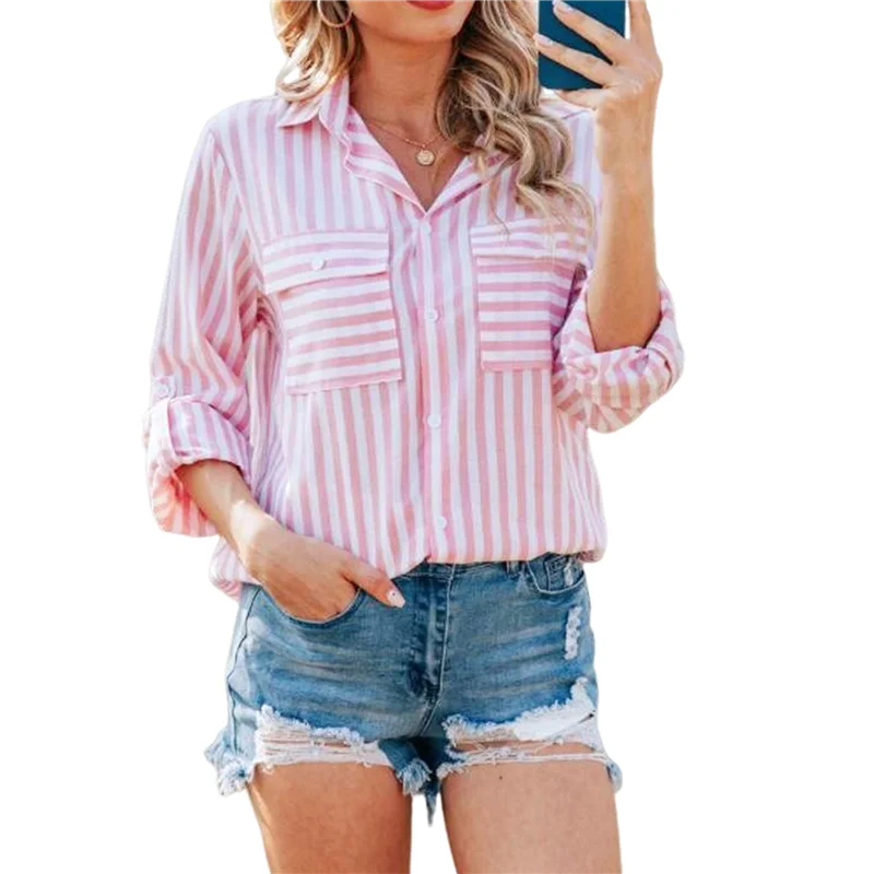 

AOAO-Women's Striped Button Down Shirts Casual Long Sleeve Stylish V Neck Blouses Tops With Pockets