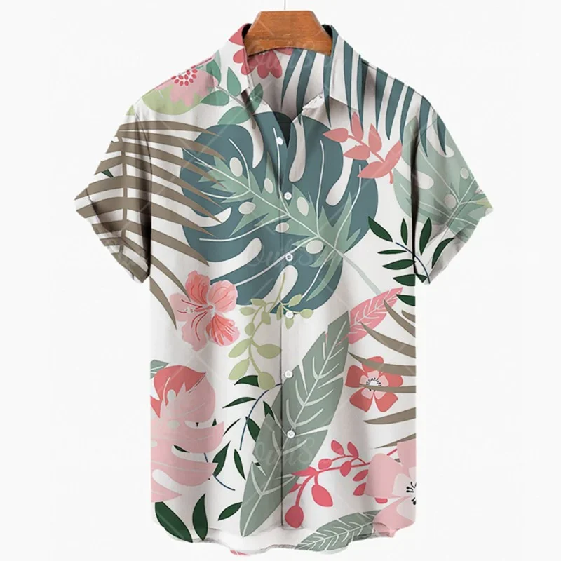 Camisa hawaiana de manga corta con estampado de hojas para hombre, Camisa informal de gran tamaño, elegante, Floral, Social, estilo de vacaciones,