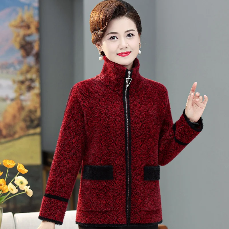 High Quality Mother\'s Winter Jacket Thicken Imitation Mink Cashmere Short Coat Middle Aged Women Knitted Cardigan Woolen Outwear