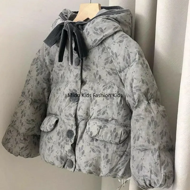 Big Kids Trendy Floral Down Jacket - Girls' New Winter Best Seller Thickened Grey Chic Kids' Coat for 100-170cm