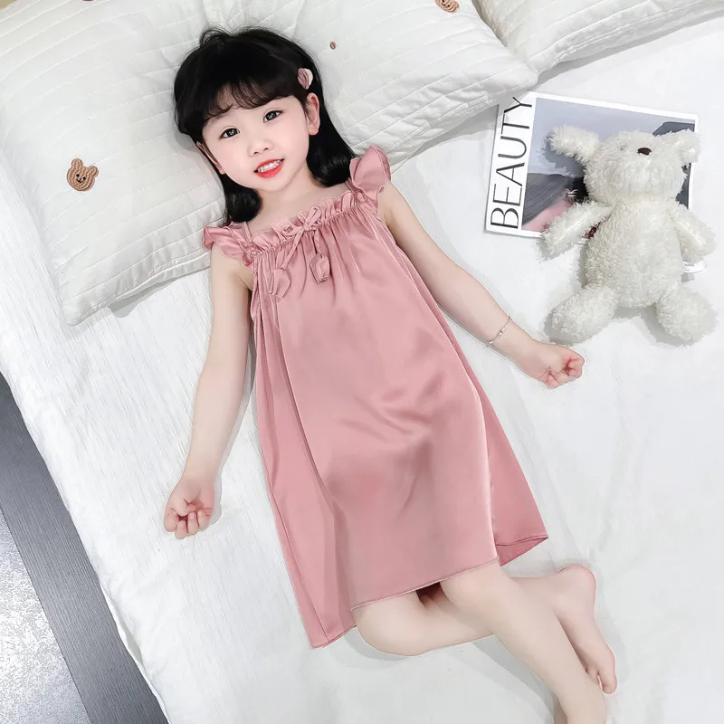 Girls' Nightdress 2025 New Summer Satin Ice Silk Suspender Pajamas Medium and Small Children's and Girls' Casual Loungewear