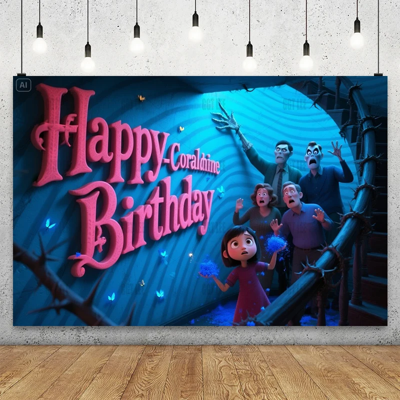 

MINISO Coraline Spiral Stairs Coraline Beldam Banner Vinyl Party Decor Photography Happy Birthday Background Custom Backdrop