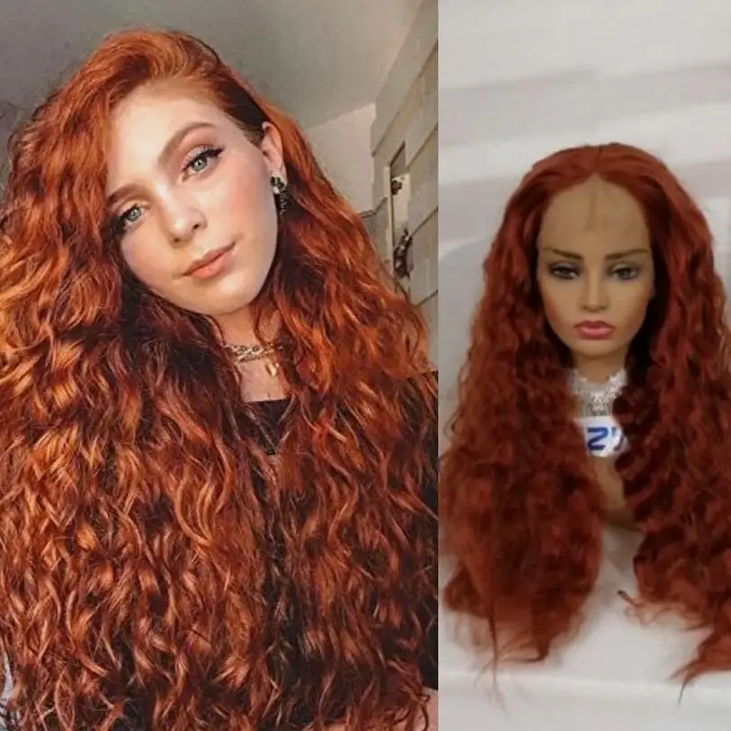 Long Curly Copper Red Deep Wave Lace Front Wigs Orange Curly Wigs Cosplay Wigs