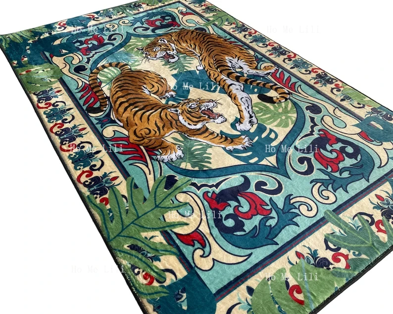 Exquisite Bengal Tiger Printed Area Rug Vibrant Machine Washable Persian Carpet With Bengal Tigers And Jungle Leaves Gift For Ho