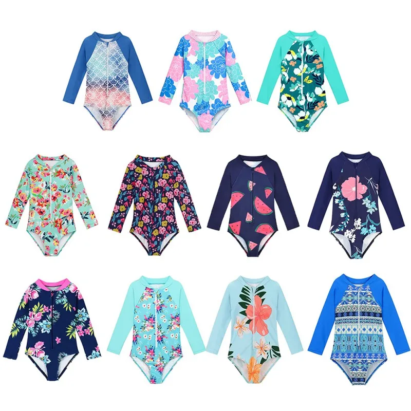 Kids Baby Girl Swimsuits Summer Floral Long Sleeve Zipper Jumpsuit Swimwear Beachwear Bathing Suits 2-7 Years old