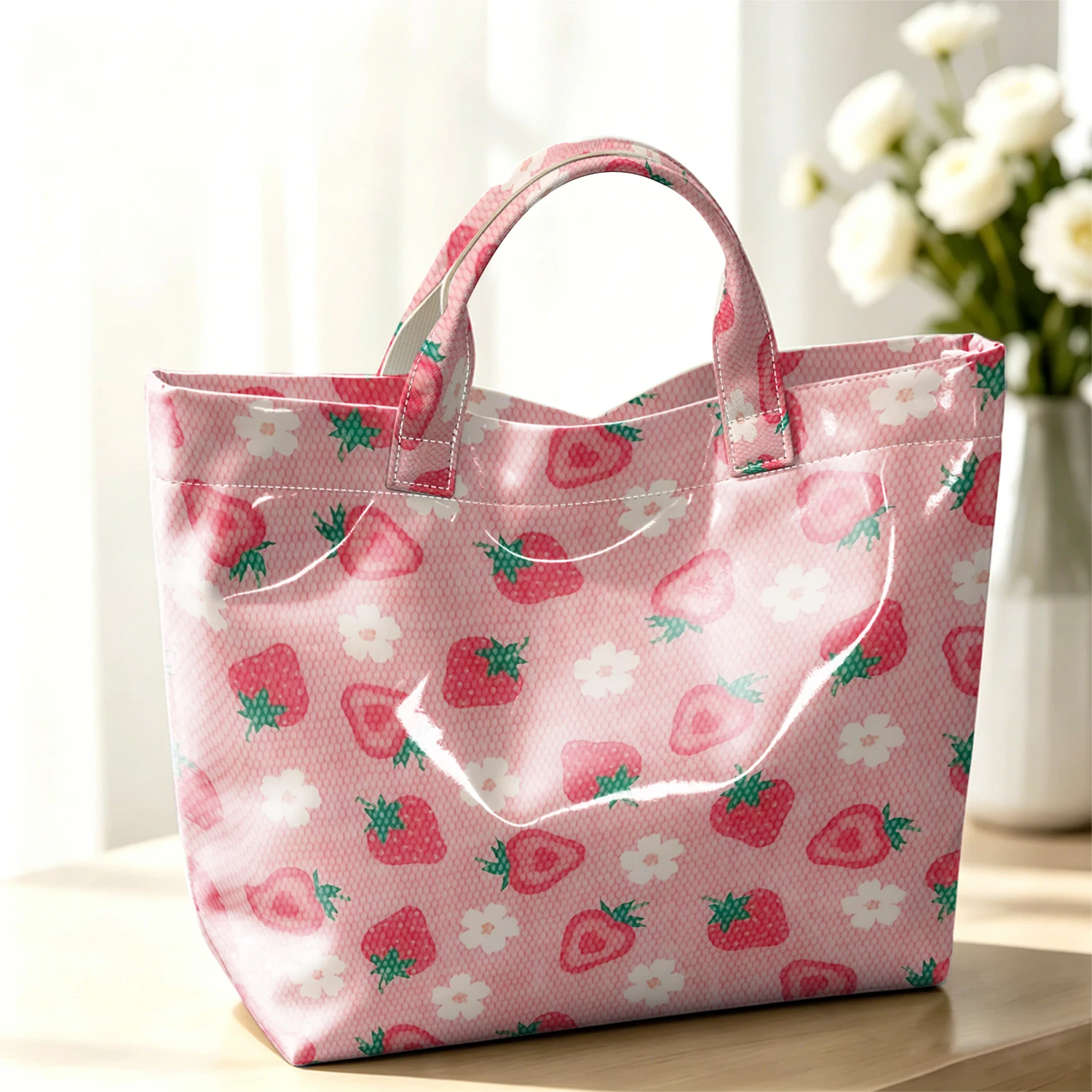 Pink Strawberry Tiny Daisy Stylish Large Glossy PVC Tote Bag Washable Waterproof Durable for Travel Commute Cosmetics Handbags