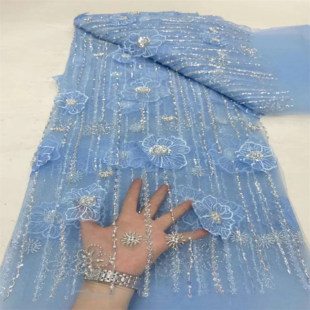 2024 Latest African 3D Flower Lace Fabric Beaded Sequins Tulle Lace Fabric Embroidered Applique Nigerian Fabric for Dress Sewing