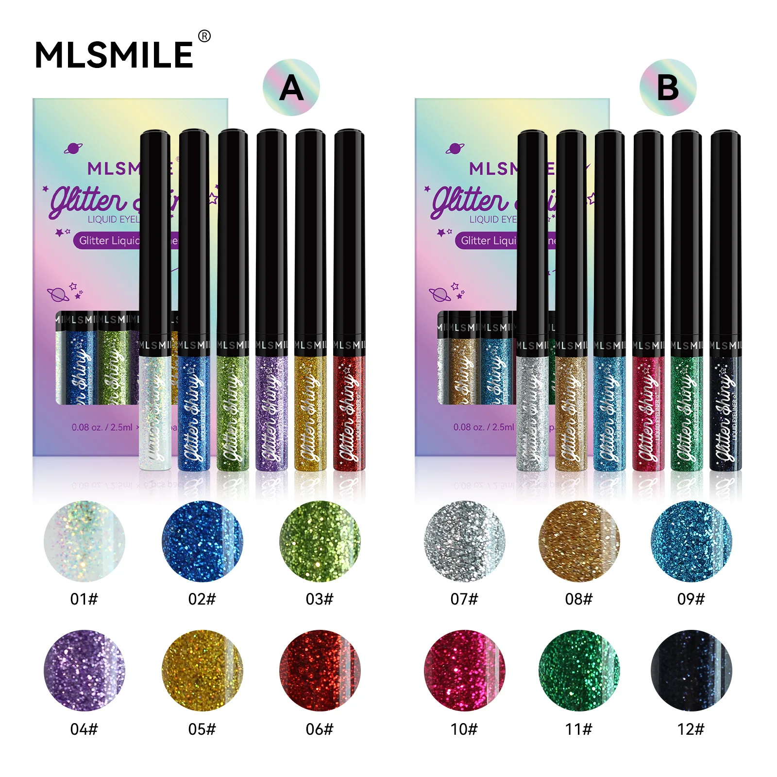 MLSMILE 6 pcs Pearl Liquid Eyeliner Flash Color Glitter Eyeshadow Long-lasting Waterproof Non-Smudgy Eyeliner Set