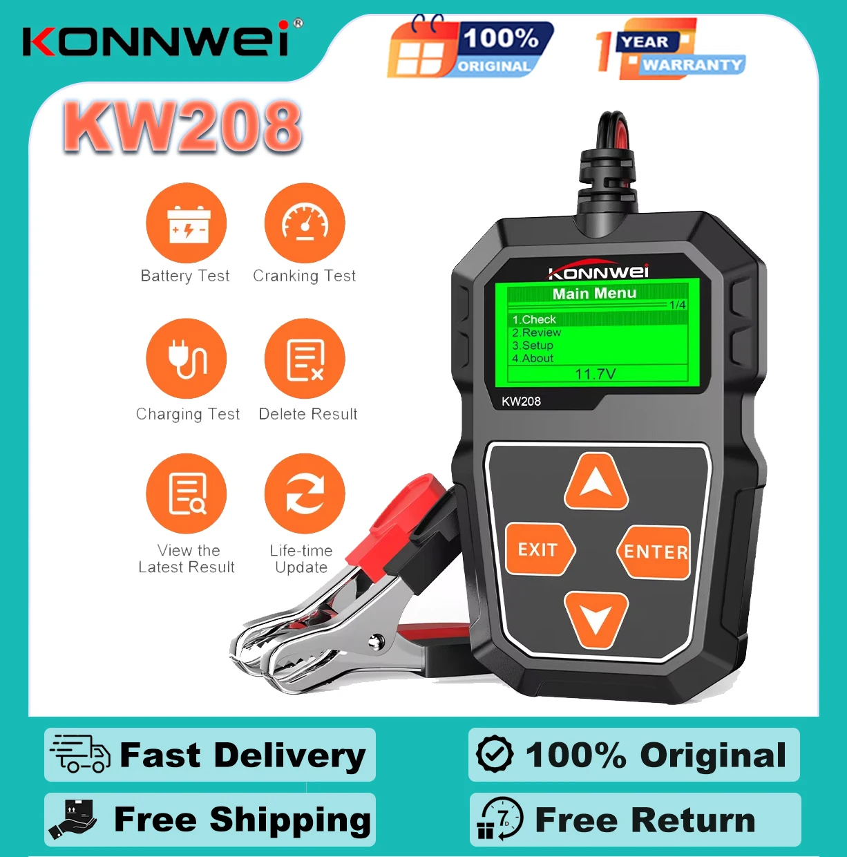 

KONNWEI KW208 12V Car Battery Tester 100 to 2000CCA 12 Volts Battery Tools for the Car Quick Cranking Charging Diagnostic Tool