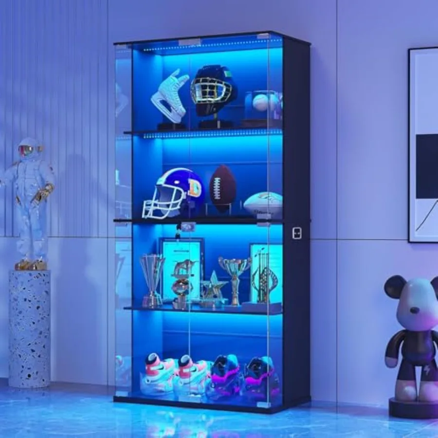 Black Display Cabinet with Glass Door, Lockable 4-Tier Curio Cabinet for Living Room, MDF Wood, Black, Soft-Close Hinges Adjust