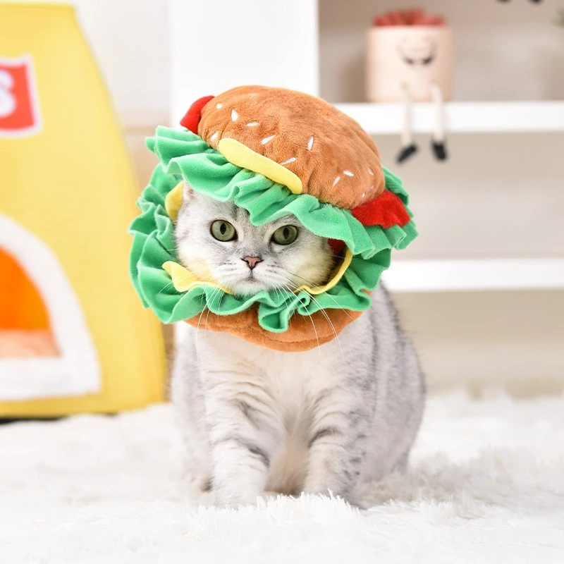 

2026 Pet Burger Hat Dog Burger Hood Funny Hamburg Shape Pet Hat for Dogs Cats Adjustable Headgear Costume for Photography Props