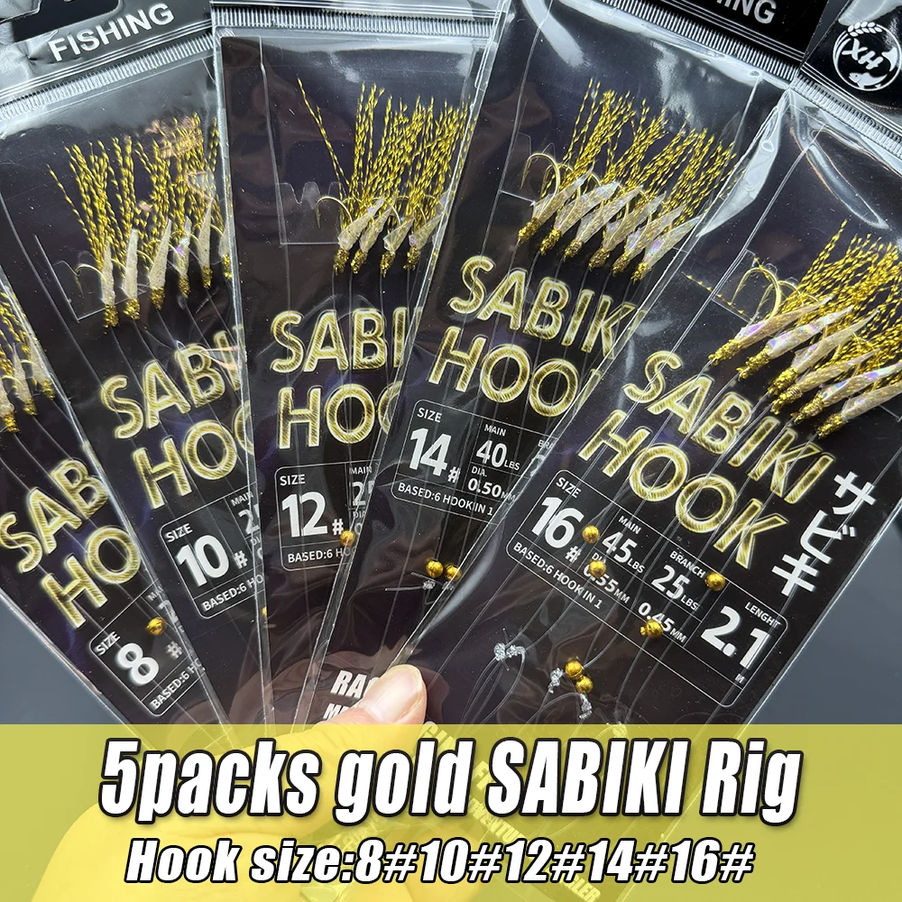 5 Packungen Gold SABIKI Rig – Echtes schwarzes Karpfenhautmaterial + Goldfaden & Beschichtung, reflektierend, Salz-/Süßwassergeeignet für Makrelen & alle SABIKI-Arten – Detail 5