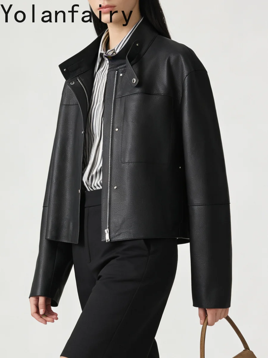 YOLANFAIRY 2026 Spring New Women Vintage Grain Goatskin Leather Jacket Cropped Short Genuine Sheep Goat  Real Leather Outerwear