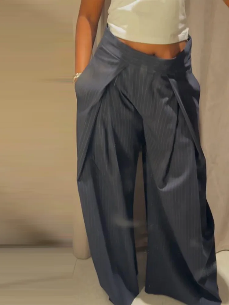 カジュアルストライプワイドLEDパンツ レディース ハイウエストプリーツストレートロングパンツ 女性 2025 ファッション 夏秋 レディースボトムス