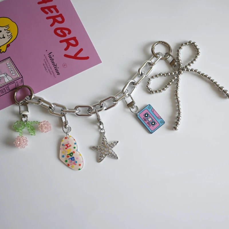 

Y2K-Style Keychain Charm Cute Cherry Star-Shaped Heart Pendant with Bow Perfect as a cute accessory for women's backpacks