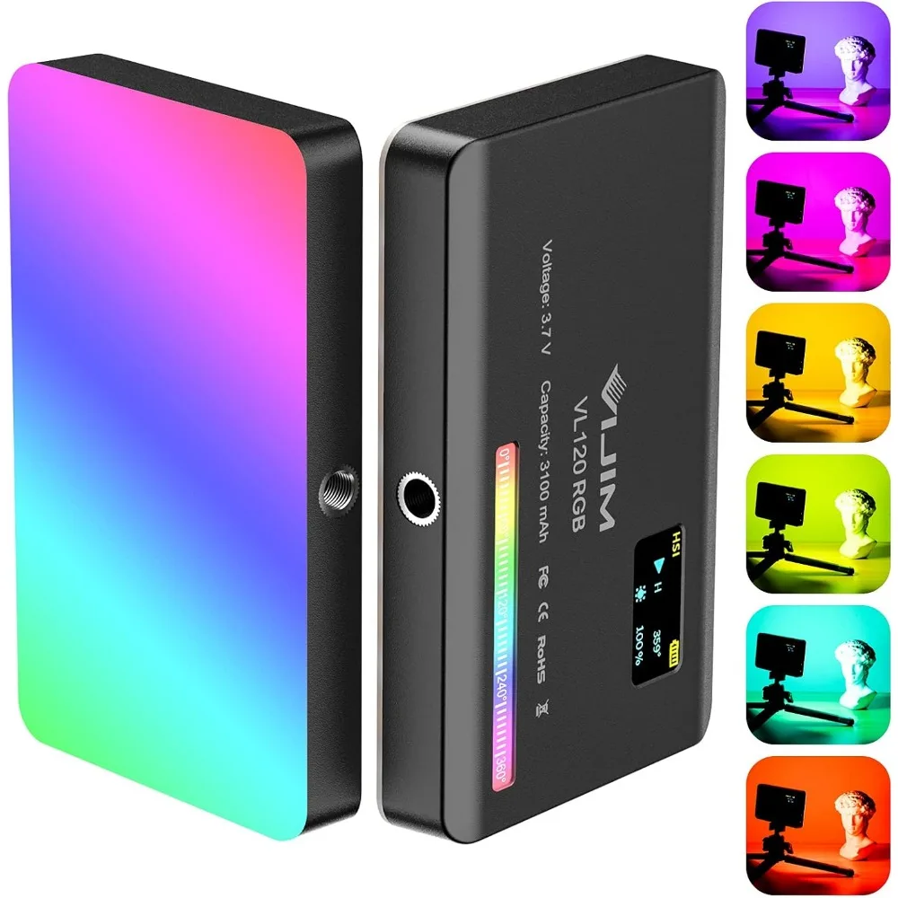 RGB LED Camera Light Panel: 0-360 Full Color, CRI 95+, 2500-9000K, 3100mAh Rechargeable for Vlogging, Photography, Conferencing