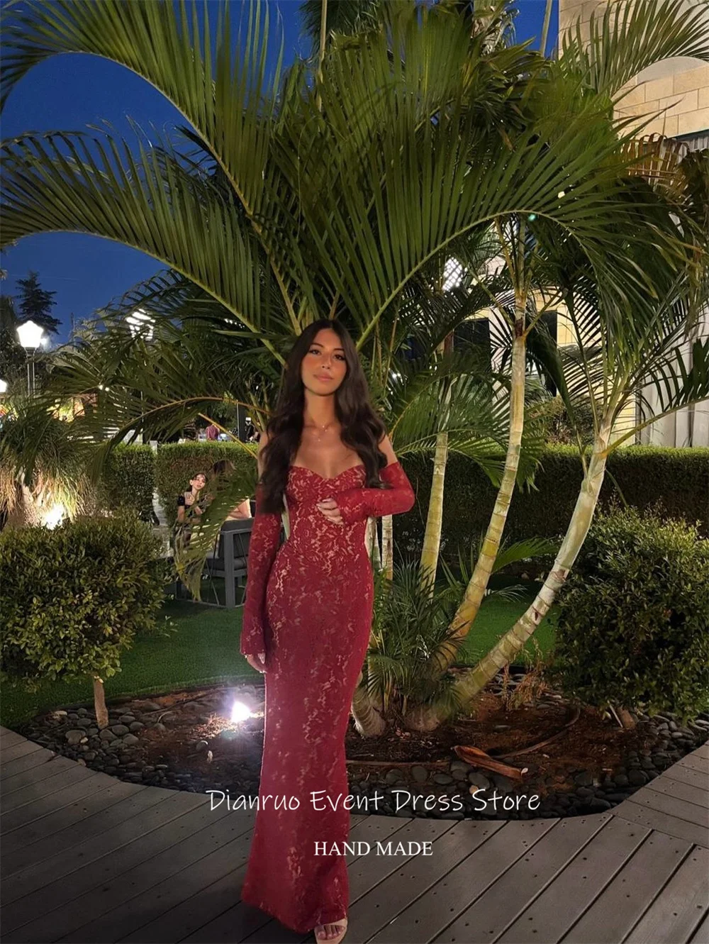 Dianruo-Vestidos De Noche ajustados De encaje rojo, apliques modernos, Vestidos De Fiesta con escote corazón, sirena, Vestidos sexys para graduación personalizados