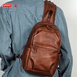 Vegetable Tanned Leather Men's Chest Bag, Retro Soft Cowhide Crossbody Back Pack, Motorcycle Bags