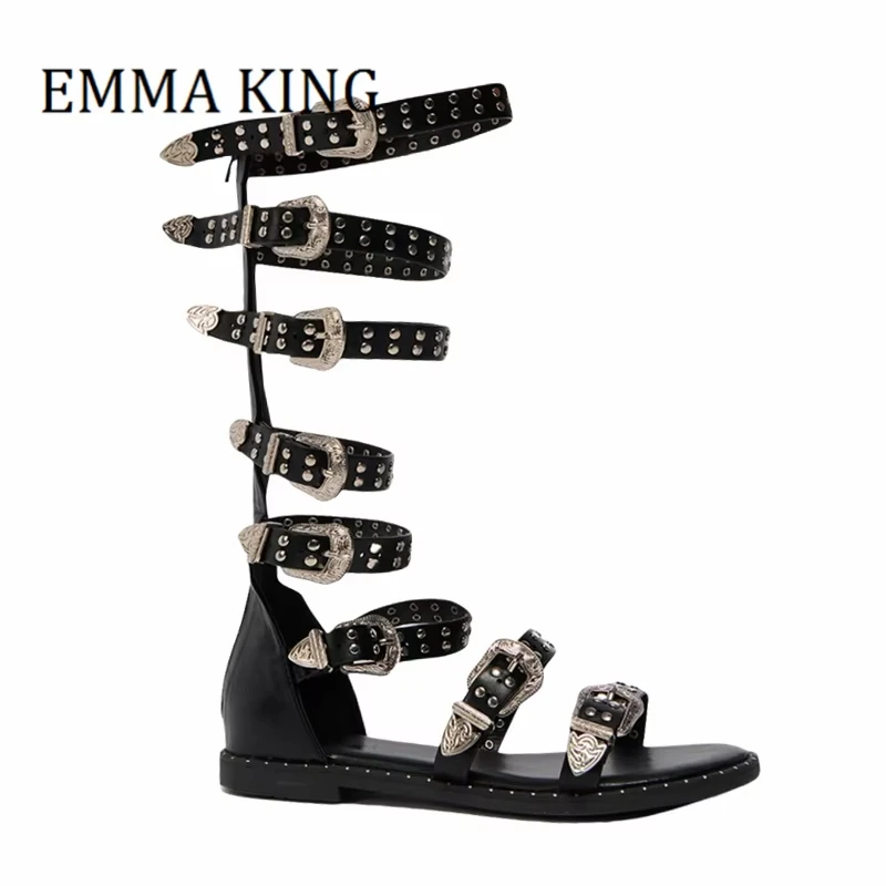 النساء الفضة مشبك المصارع صندل مثير المفتوحة تو التوى حزام منتصف العجل روما الصنادل الصيف الإناث الشاطئ أحذية مسطحة 35-44 #2