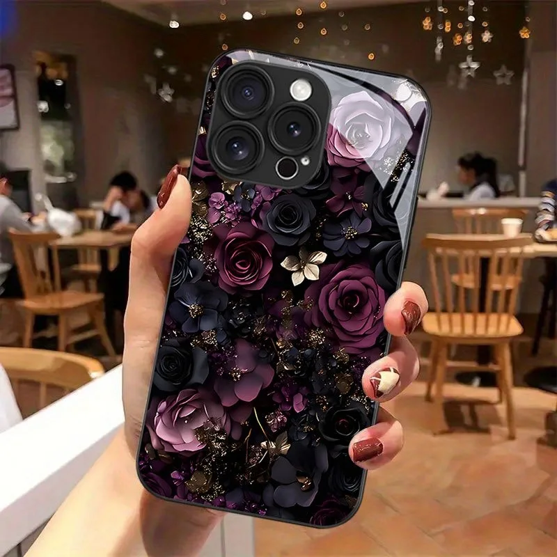 

Dark Rose Print Pattern Tempered Glass Phone Case For iPhone 17 16 15 14 13 12 11 Pro Max 17 Air 7 8 Plus XR XS X Cover